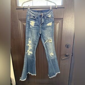 Flying Monkey Distressed Mid Rise Super Flare Jeans - Blue